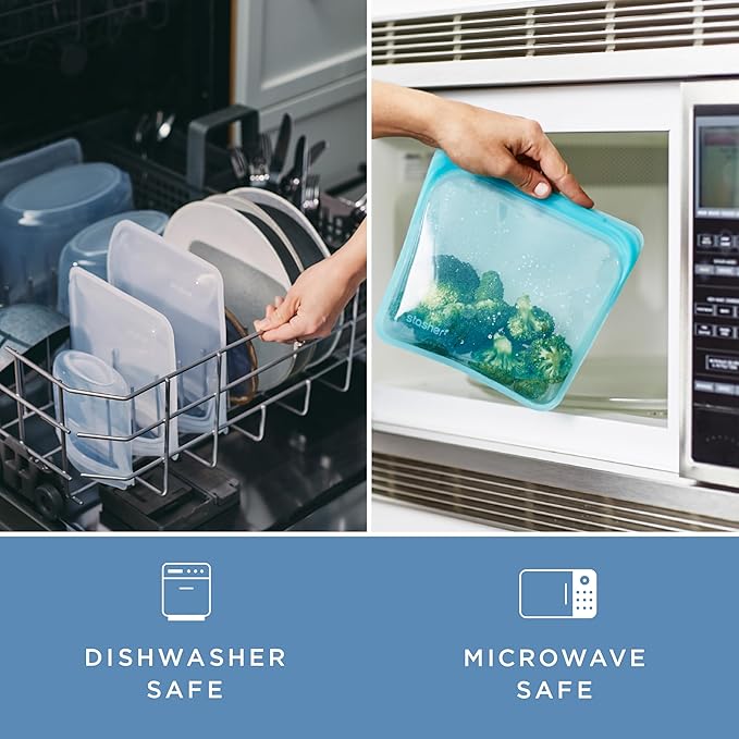 Stasher Premium Silicone Reusable Food Storage Pocket 2-Pack, Clear + Deep Ocean, Multi-Use Food Storage Bags, Lunch Bag, Travel Containers, BPA Free, Leak-free, Dishwasher-Safe, Eco-friendly, 4 Oz