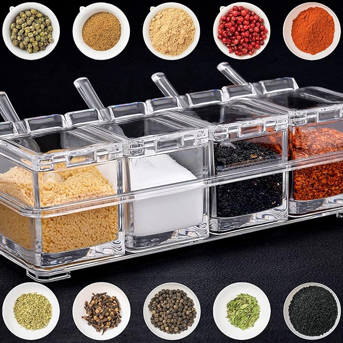 Seasoning Box Set, 4 Piece Clear Acrylic Spice Pots, Jars Condiment Containers with Cover and Spoon Seasoning Rack Storage Container Kitchen Cooking Organizer Tools for Spice Salt Sugar Cruet