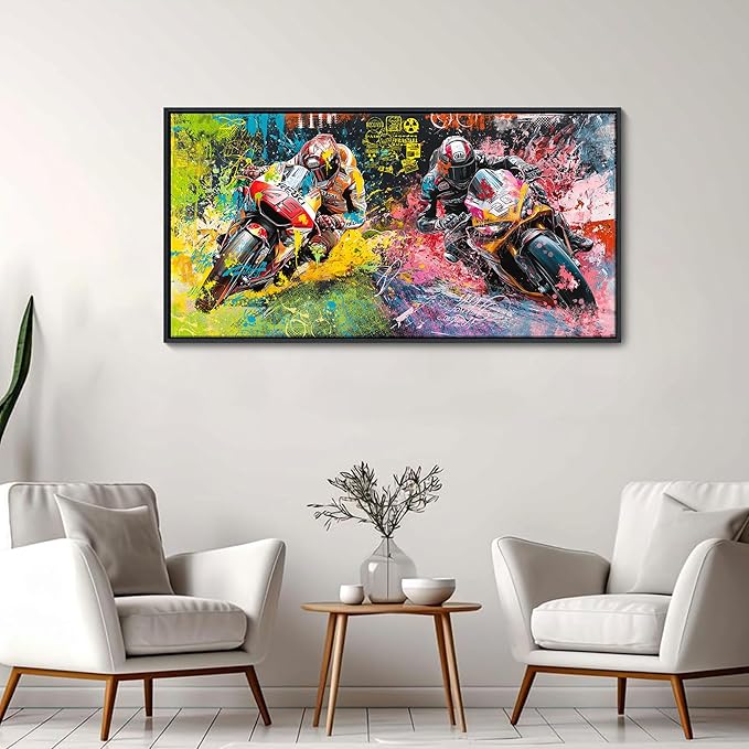 JEAWA Framed Canvas Wall Art - 20x40 In Abstract Painting Decor, Motorcycle Racing Color Graffiti Pictures, Modern Art Prints for Bedroom Living Room Bathroom Home Decoration