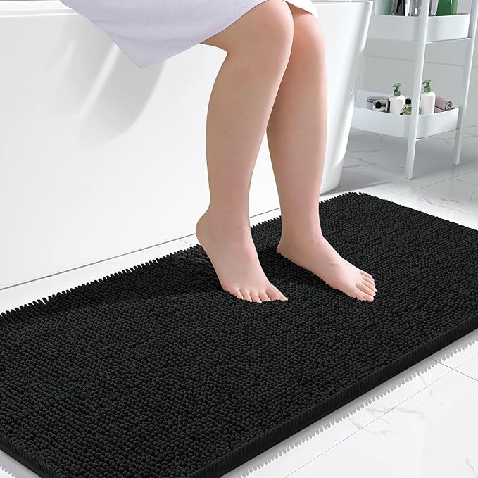 OLANLY Bathroom Rugs 47x24, Extra Soft Absorbent Chenille Bath Rugs, Rubber Backing Quick Dry, Machine Washable Bath Mats for Bathroom Floor, Tub and Shower, Home Decor Accessories, Black