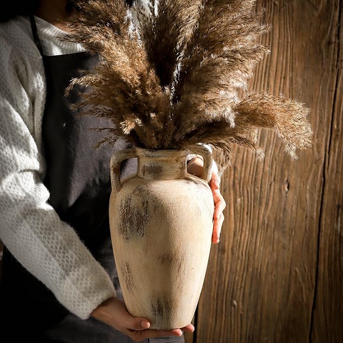 Large Ceramic Flower Vase,11.41 inch Tall Terracotta Farmhouse Rustic Vase with 2 Handles for Home Decor, Living Room Shelf Decor, Enterway, Wedding, Table Decoration