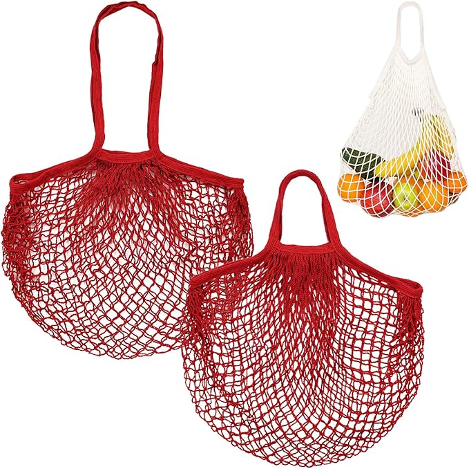 2-Pack Cotton Mesh Bag, Reusable Washable Mesh Net String Grocery Bags, Reusable Produce Bags with Handle, Net Tote Bag for Fruits/Vegetables Shopping [Red, Long&Short Handle]