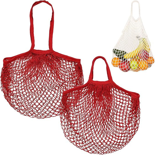 2-Pack Cotton Mesh Bag, Reusable Washable Mesh Net String Grocery Bags, Reusable Produce Bags with Handle, Net Tote Bag for Fruits/Vegetables Shopping [Red, Long&Short Handle]