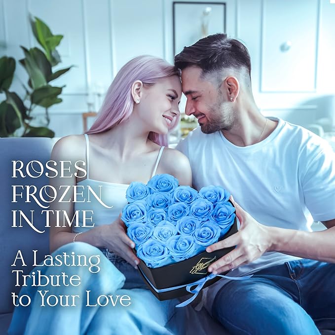 GLAMOUR BOUTIQUE 16 Flower Forever Heart Shape Box - Preserved Roses Gift for Her, Preserved Flowers, Teal