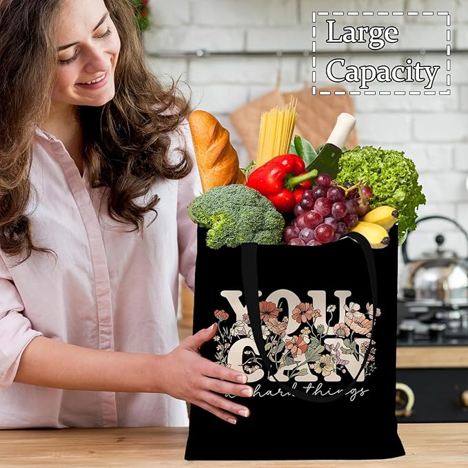 Dark Floral Inspirational Tote Bag, Motivational Gifts for Women Canvas Tote Bags, You Can Do Hard Things Positive Affirmation Reusable Grocery Shopping Bags