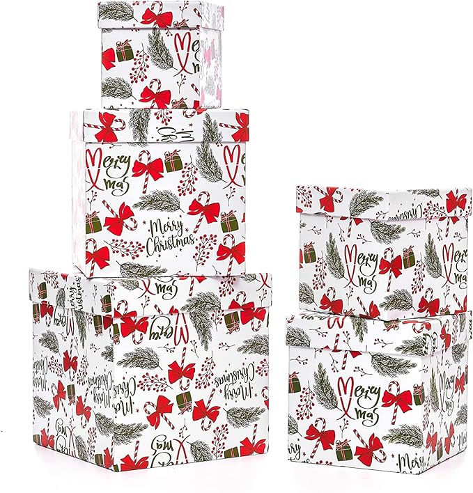 UNIQOOO 5PCS Christmas Nesting Gift Boxes with Lid, Nested Box Set, 5 Sizes, Square Stackable, Red White Green, Xmas Berry Candy Cane Paper Box Tower Décor, Holiday Thanksgiving New Year Packaging