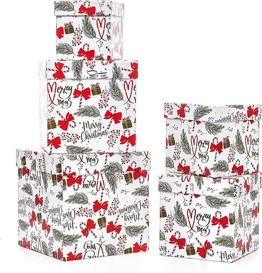 UNIQOOO 5PCS Christmas Nesting Gift Boxes with Lid, Nested Box Set, 5 Sizes, Square Stackable, Red White Green, Xmas Berry Candy Cane Paper Box Tower Décor, Holiday Thanksgiving New Year Packaging