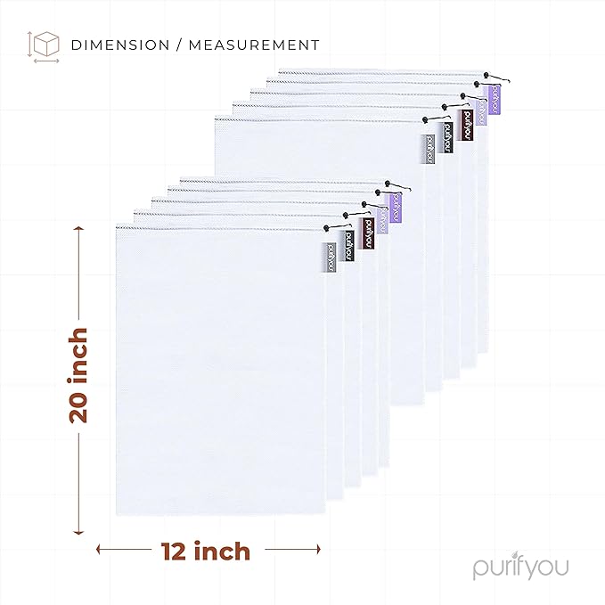 purifyou Set of 10 Reusable Mesh Produce Bags, Heavy Duty, Washable, Farmers Market Bag for Fruits, Vegetables, Groceries, Kitchen Storage, Home Organizer (12x20in)