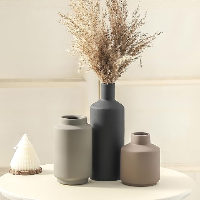 Ceramic Vase Set of 3, Modern Decorative Vases for Home Decor, Small Flower Pottery Vase Sets, Boho Farmhouse Rustic Vases for Living Room, Kitchen, Bedroom, Bathroom, Shelf, Table