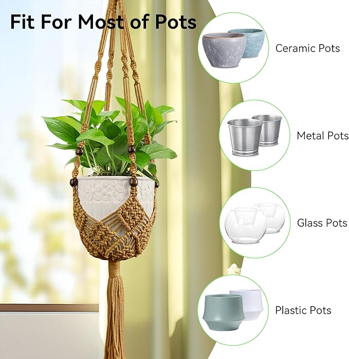 USLAI Macrame Plant Hanger for Indoor Outdoor, Up to 3-6.5 inch Pot, Hanging Planter Flower Pot Holder with Beads and Tassels, Boho Home Decor, 2-Pack, Brown