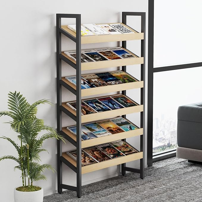 6-Tier Floor Standing Magazine Rack, Modern Literature Display Stand, Heavy Duty Steel Display Shelf with 38° Slant & 2.75" Lip, for Office/Airport/Bookstore/Library, 39"L x 12"W x 71"H (Black)