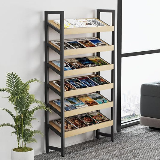 6-Tier Floor Standing Magazine Rack, Modern Literature Display Stand, Heavy Duty Steel Display Shelf with 38° Slant & 2.75" Lip, for Office/Airport/Bookstore/Library, 39"L x 12"W x 71"H (Black)