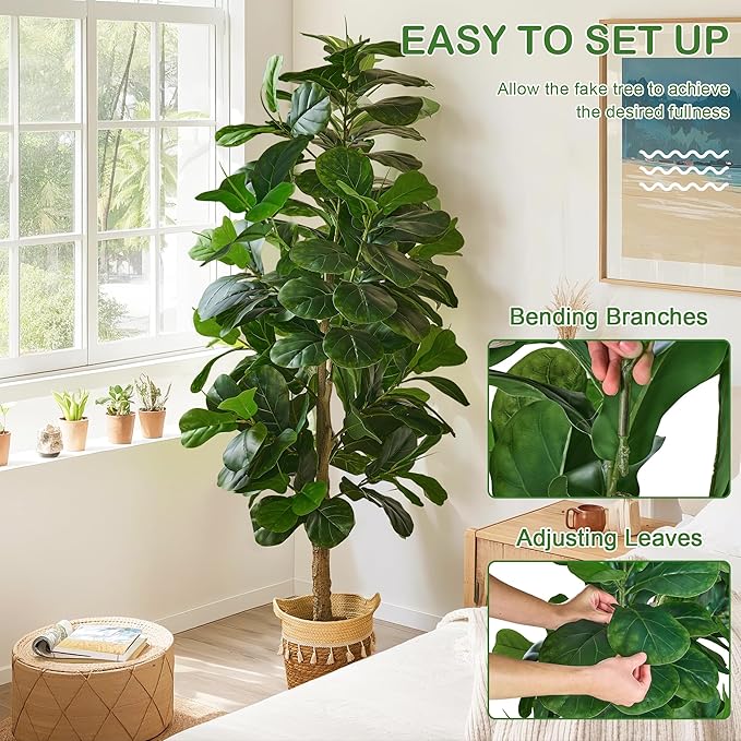VECELO Artificial Fiddle Leaf Fig Tree 6FT(71in), Tall Fake Floor Plants with 150 Large Realistic Leaves in Plastic Pot for Indoor Outdoor Living Room Home Decor
