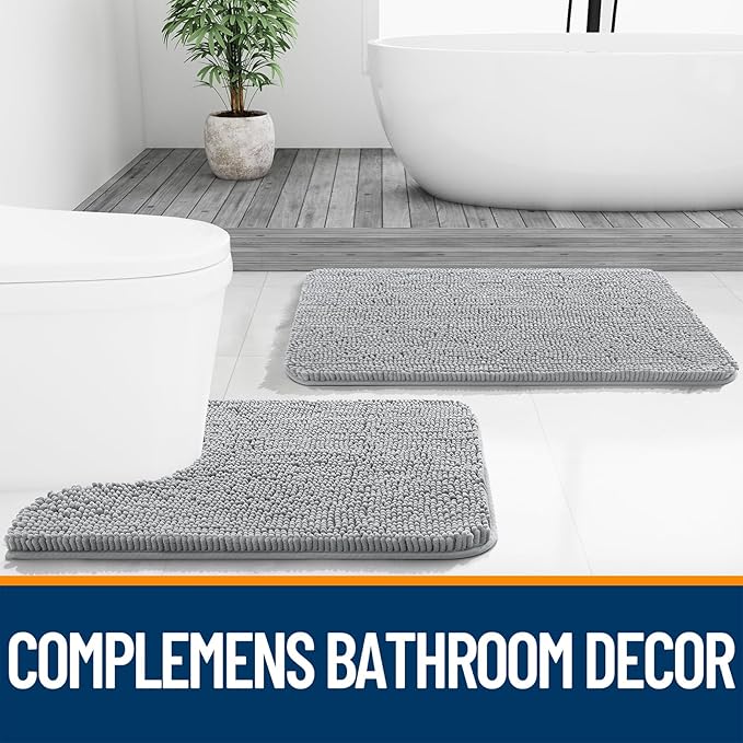 OLANLY Bathroom Rugs 40x24, Extra Soft Absorbent Chenille Bath Rugs, Rubber Backing Quick Dry, Machine Washable Bath Mats for Bathroom Floor, Tub and Shower, Home Decor Accessories, Light Grey