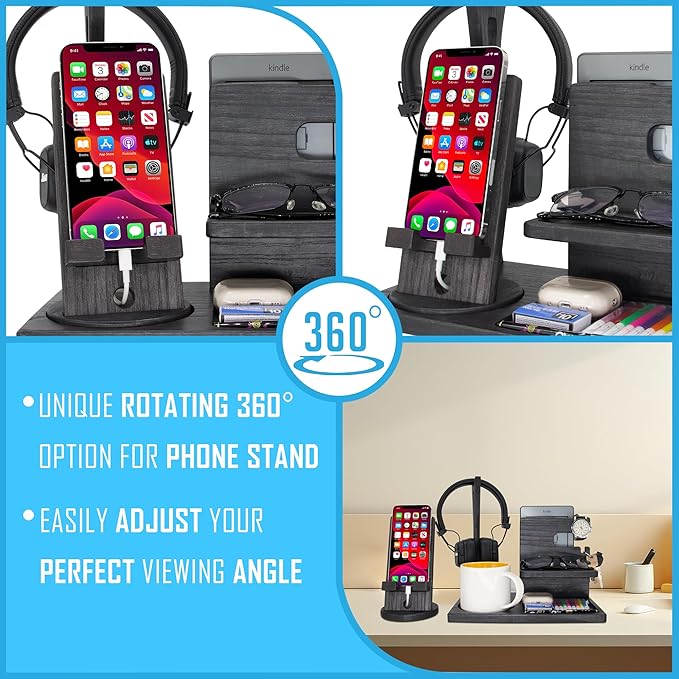 Gift for Men Nightstand Organizer with Headphone Stand & Rotating Phone Stand, Stylish Headphone Holder to Keep Desk Accessories for Men Organized, Unique Dad Birthday Gift, Gifts for Boyfriend