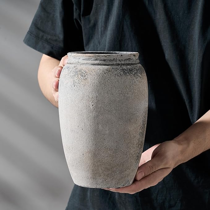 8.2 Inch Ceramic Vase, Terracotta Rustic Vase Farmhouse Decorative Vase Boho Decor, Ceramic Vases for Home Decor, Living Room, Entryway, Floor, Holiday Wedding Christmas New Year Gifts - Gray