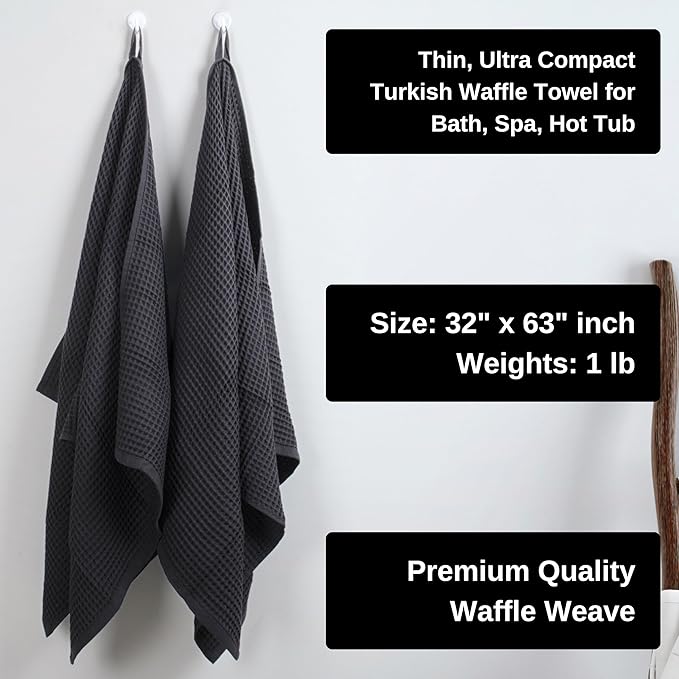PÜSKÜL Premium Waffle Bath Towels Set of 2 - Organic 100% Turkish Cotton Bath Towel - Quick Dry, Absorbent, Light, Thin, 32x63 Large Waffle Towels for Bathroom (Dark Gray Bath Towels - Pack of 2)