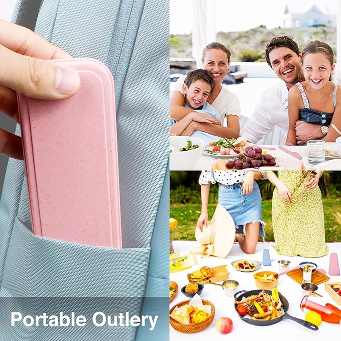 Reusable Travel Utensils Set with Case, 4 Sets Wheat Straw Portable Knife Fork Spoons Tableware, Eco-Friendly BPA Free Cutlery for Kids Adults Picnic Camping Utensils(Green, Beige, Pink, Blue)