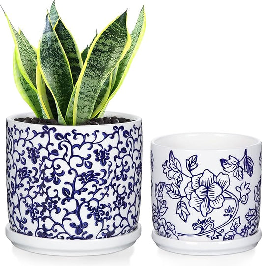 Set of 2 Blue and White Ceramic Plant Pots with Drainage Hole and Saucers, Retro Blue Porcelain Flowers Round Planters for Succulent Cactus Indoor Outdoor Garden Home Desktop Decor, 4.5+5.5 Inch