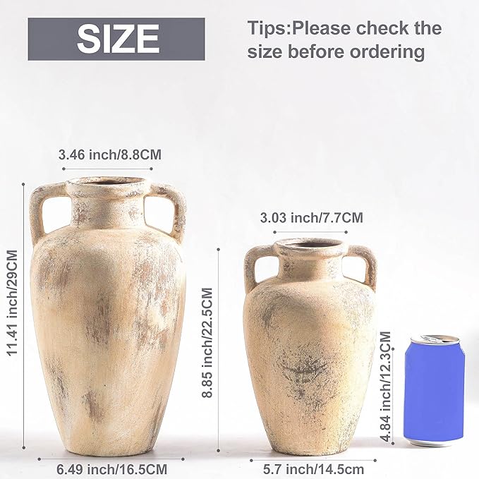 Ceramic Rustic Vase for Flower, 8.85 inch Tall Terracotta Christmas Vases with 2 Handles, Farmhouse Vase for Home Decor, Living Room Shelf Decor, Enterway, Table, Lyeec