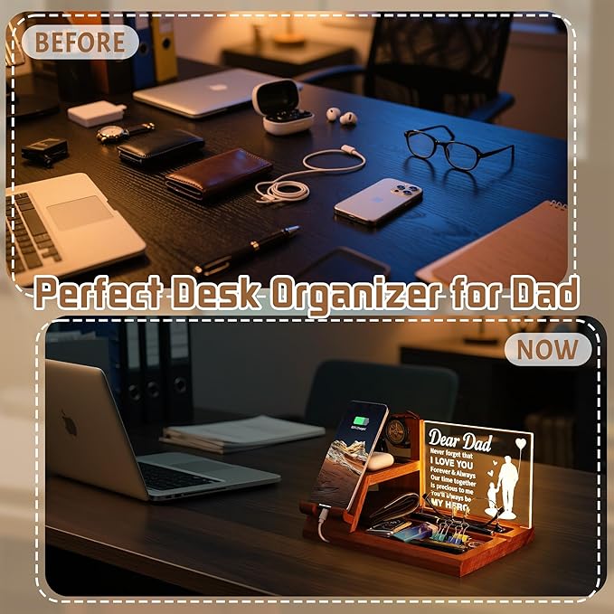 Attivolife Dad Gifts Idea LED Phone Docking Station Desk Organizer, Cell Phone Stand with Night Light, Best Dad Ever Gift for Father's Day, Key Holder, Stand for Wallet Watch Essentials