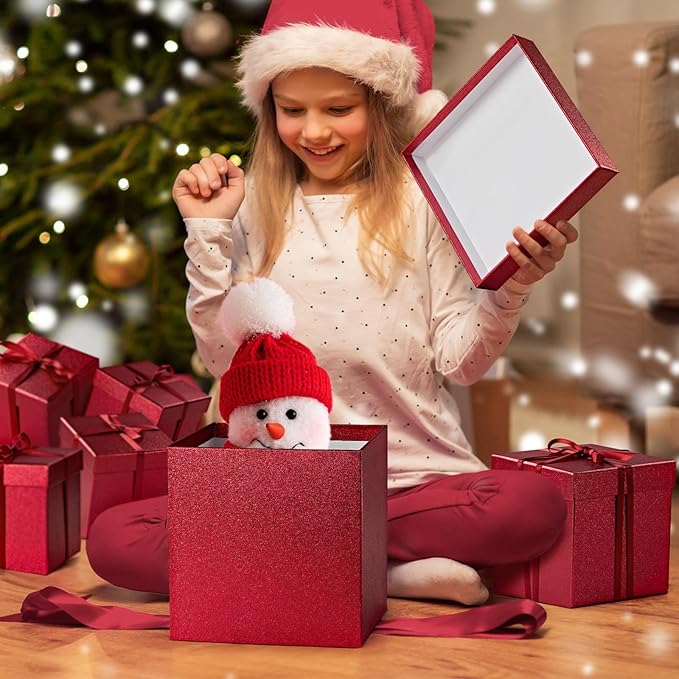 UNIQOOO 5Pcs Red Glitter Xmas Gift Box Set with Lid, Assorted Size, Square Nested Wedding Keepsake Boxes, Holiday Paper Box Tower For Birthday Party, Mother's Day Gift Wrap Packaging