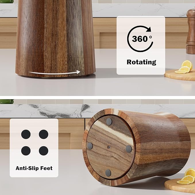 Utensil Holder, Acacia Wood Utensil Holder for Kitchen Counter, 360° Rotating Cooking Utensil Crocks for Countertop, 7.2" Large Utensil Organizer for Spatula Storage