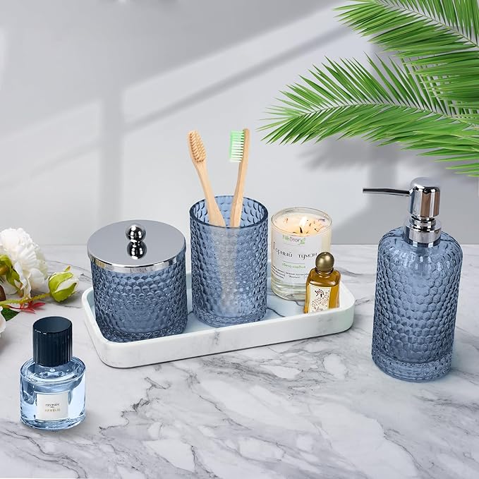 Bathroom Accessories Set,4 Pcs Blue Glass Bathroom Accessories Sets-Lotion Soap Dispenser,Toothbrush Holder,Qtip Holder Dispenser & Resin Vanity Tray,Countertop Vanity Organizer,Blue