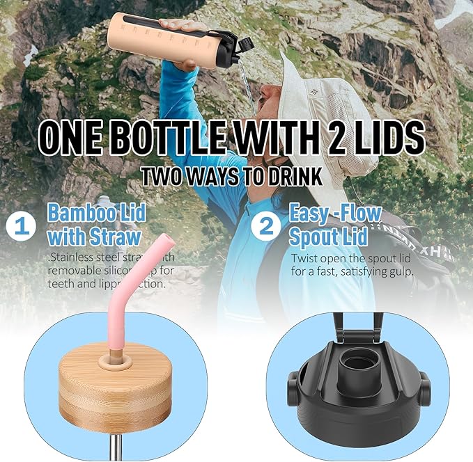 24oz Glass Water Bottle with Straw and 2 Lids-Bamboo and Spout Lid, Borosilicate Glass Water Bottle with Silicone Sleeve and Time Marker,BPA Free & Cupholder Friendly,Pink