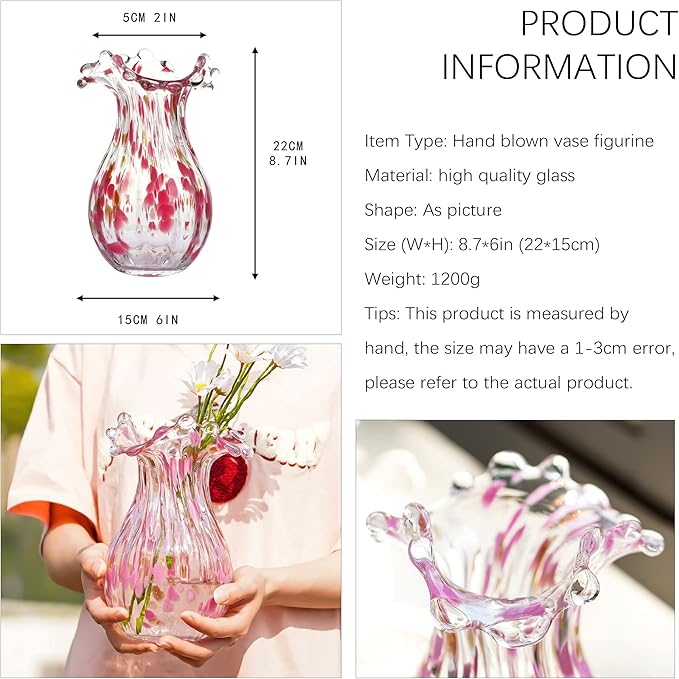 QFkris Handblown Glass Vase, Modern Art Flower Vase with Pink Petal Decorative for Home Decor, 8.5 inch Tall for Living Room Dining Tabletop Centerpiece Statement Office Decoration