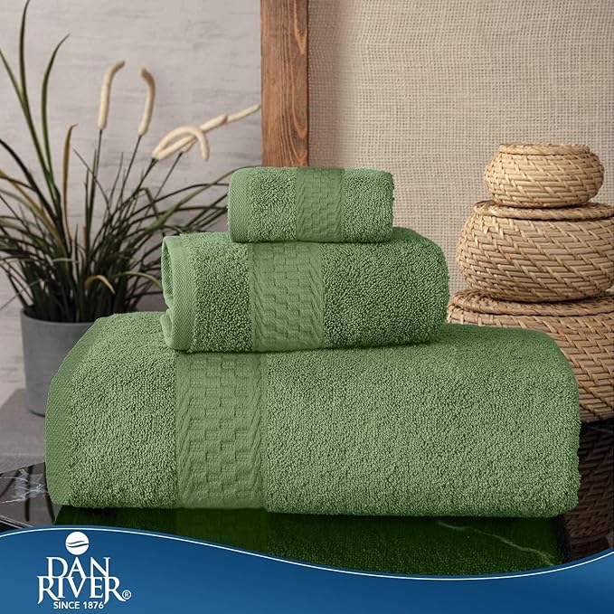 DAN RIVER 100% Ring Spun Cotton 3-Piece Towel Set, Sage-Green, Bath Towel, Hand Towel and Washcloths, 550 GSM - Soft, Absorbent Quick Dry Cotton Towels for Bathroom, Spa, and Gym