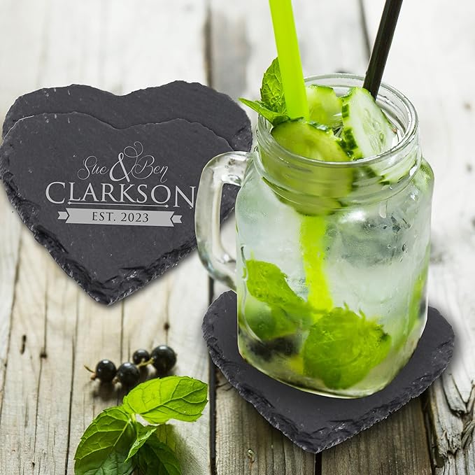 My Personal Memories Custom Engraved Slate Coasters Set of 4 - Monogrammed Coasters for Drinks, Weddings, Couples, Anniversaries - Personalized (Heart)
