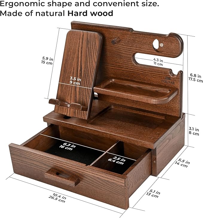 TESLYAR Wood Phone Docking Station with Drawer - Nightstand Organizer - Desk Organizer for Husband - Birthday Gifts for Men, Dad, Anniversary Idea, Key Holder Stand Watch & Accessories (Bourbon Brown)