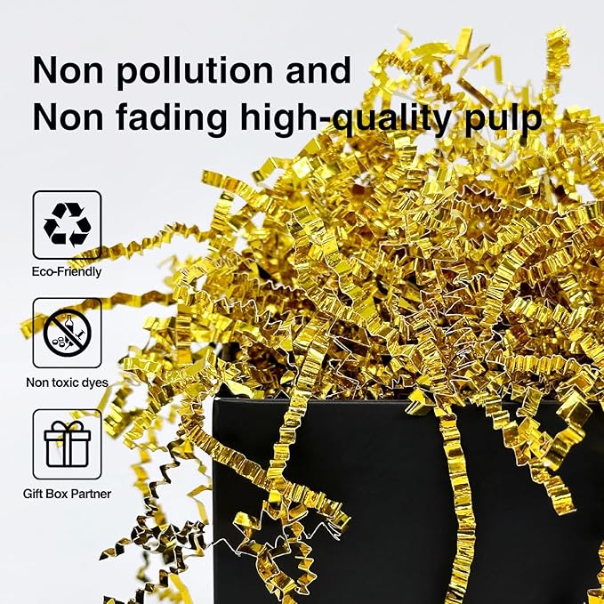 2LB Crinkle Cut Paper Shred Filler for Bag Gift Box Basket Confetti Paper Shreded Stuffing Decoration for Valentine's Day Holiday Party(Gold)