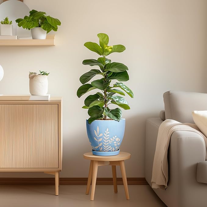 8 Inch Ceramic Plant Pot with Drainage and Saucer - Round Flower Pot for Indoor Outdoor Plants, Round Planter, Desk Office Room Home Decor, Gifts for Plant Lovers, Blue