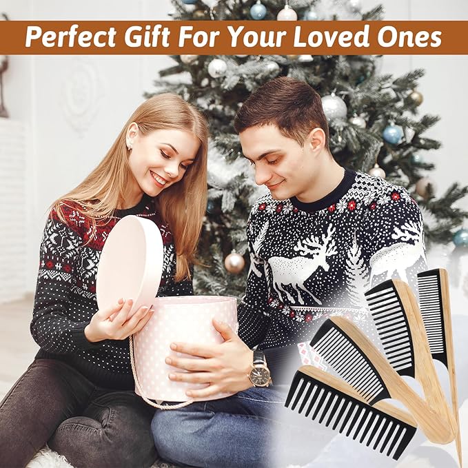 4 Pcs Natural Handmade Bamboo Hair Combs Set, Wide Tooth Fine Tooth Rat Tail Wooden Combs for Women Men Anti-Static for All Hairstyles and Beard
