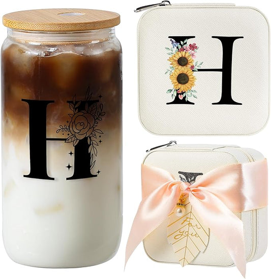AYGXU Birthday Gifts for Women,Initial Glass Cup,Cute Tumbler Cup,bamboo lids for glass cups,Travel Jewelry Organizer,Teen Girls Gifts for Teenage Girls Birthday,Initial H white