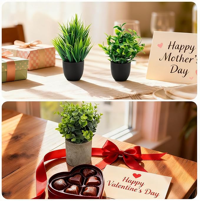 Artificial Potted Plants Faux Greenery in Cement Pots for Shelf, Bookshelf, Office or Home Decor, Small Decorative Fake Plants for Modern Indoor Display (7, XXL)