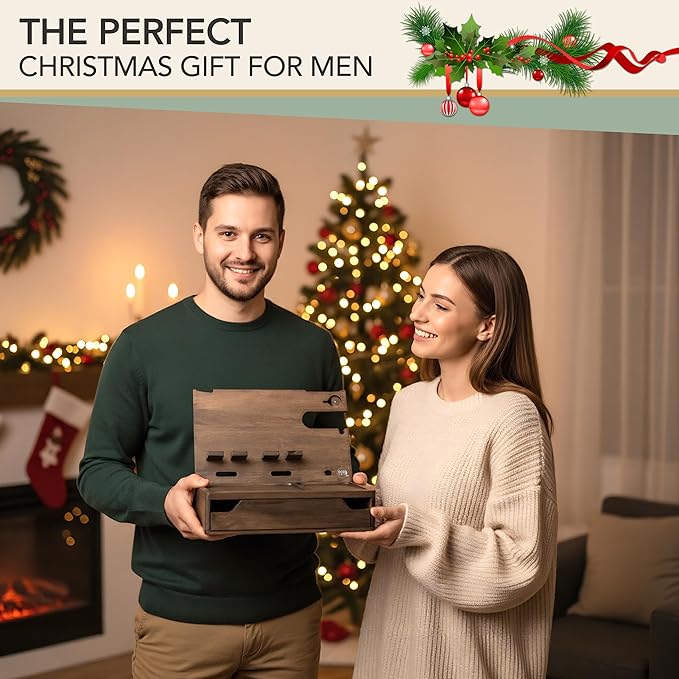 Nightstand Organizer with Drawer- Wood Phone Docking Station- Desk Organizer for Two Phones or Tablet, Watches, Headphone & Accessories- Unique Gifts for Men, Dad or Son (Rustic Gray)