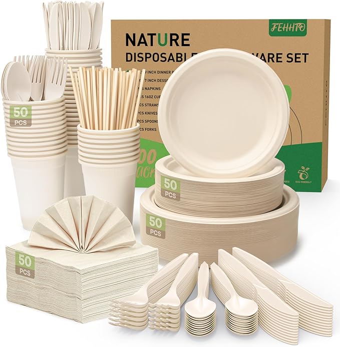 400PCS Disposable Paper Plates Set, Compostable Eco-friendly Dinnerware Set, Biodegradable Heavy-Duty Paper Plates, Utensils, Cups and Straws for Party Camping Natural Brown