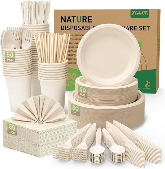 400PCS Disposable Paper Plates Set, Compostable Eco-friendly Dinnerware Set, Biodegradable Heavy-Duty Paper Plates, Utensils, Cups and Straws for Party Camping Natural Brown