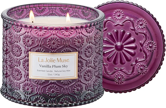 LA JOLIE MUSE Vanilla Plum Sky Candle - Coconut, Vanilla, Plum | 12 oz Large 2-Wick Soy Wax Candle | 60 Hours Clean Burn | Gift-Ready for Hosts & Gatherings | Elegant Home Decor