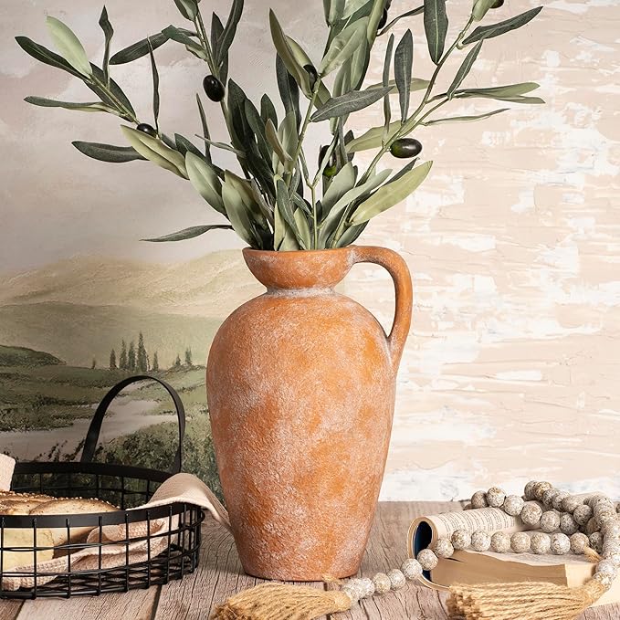 Terracotta vase with Handle, 10inch Boho Unique Textured Pottery, Rustic Farmhouse Decorative Ceramic vases for Flowers, Centerpieces, Living Room.