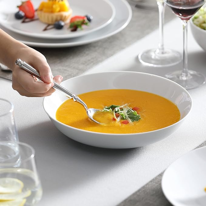 MALACASA 24-Piece Gourmet Porcelain Dinnerware Sets, Modern White Round Dish Set for 6 - Premium Serving Plates and Bowls Sets for Dessert, Salad, Soup, Pasta - Series AMELIA