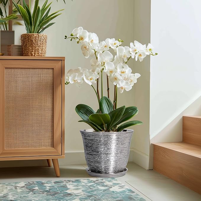 Ceramic Planter - 12 Inch Pots for Plants Indoor Outdoor, Round Planter with Drainage Hole and Saucer, Modern Decorative Planters, Large Plant Pot, House Patio Decor, Garden Gifts, Silver