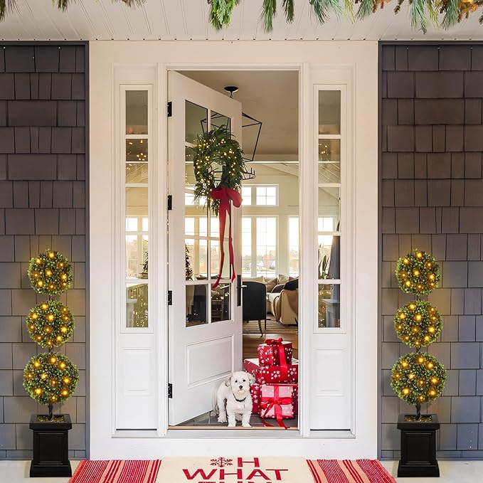 Artificial Topiary Outdoor Set of 2, 3.5ft Boxwood Outdoor Porch Trees, All-Year Green Fake Plant Topiary Trees Artificial Outdoor with Sturdy Pot for Porch Outdoor Indoor (Ball)