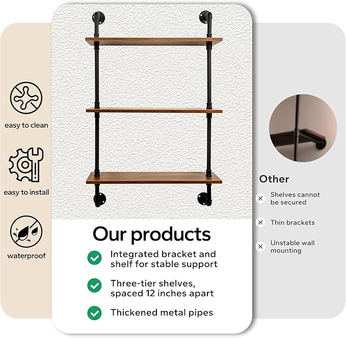 3-Tier Industrial Pipe Floating Shelf – Rustic 30 inch Wood Wall-Mounted Storage Shelf for Kitchen Office,Bathroom & Home Decor -Walnut