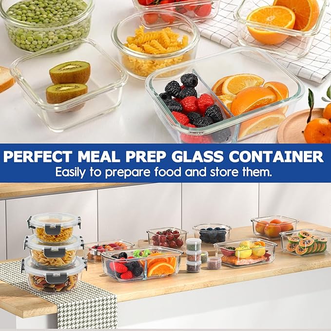 42pcs Glass Food Storage Containers with Lids Set, 21 Containers & 21 Lids Include One 2 Compartments Glass Meal Prep Containers with Snap Locking Lid Set, Leak Proof Lunch Container BPA-Free,Grey