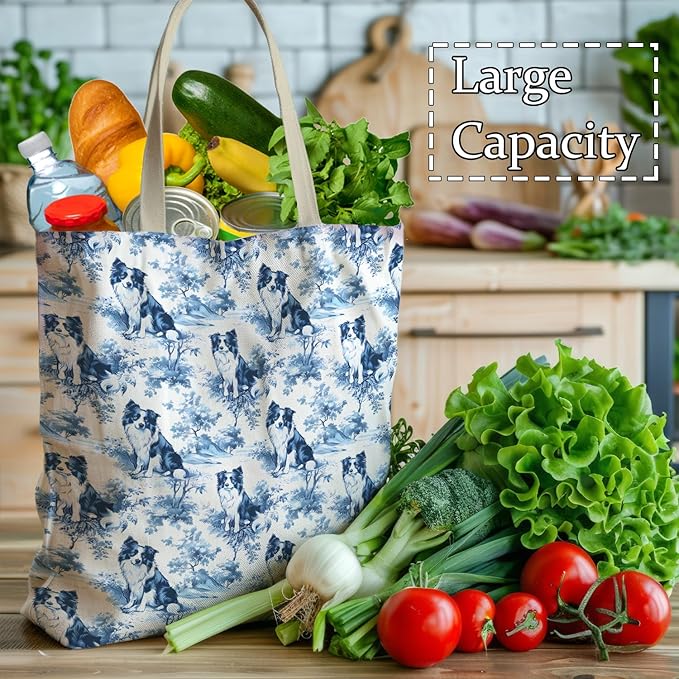 French Country Border Collie Tote Bag, Border Collie Gifts for Women, Blue and White Chinoiserie Dog Canvas Tote Bags for Women, Vintage Dog Reusable Grocery Shopping Bag