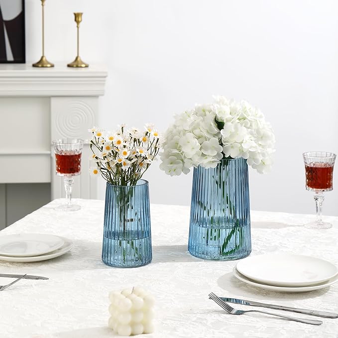 Ribbed Flower Vases Set of 2, Blue Vases for Flowers, Flower Vase for Bouquet, Modern Ribbed Glass Vase for Living Room, Bedroom, Dining Table, Office, Wedding, Centerpieces
